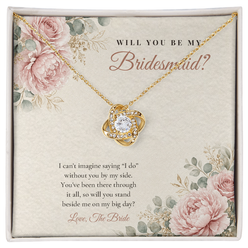 18K yellow gold finish Bridesmaid Proposal Love Knot necklace for Bridesmaid on "Will You Be My Bridesmaid?" message card in standard gift box with lid