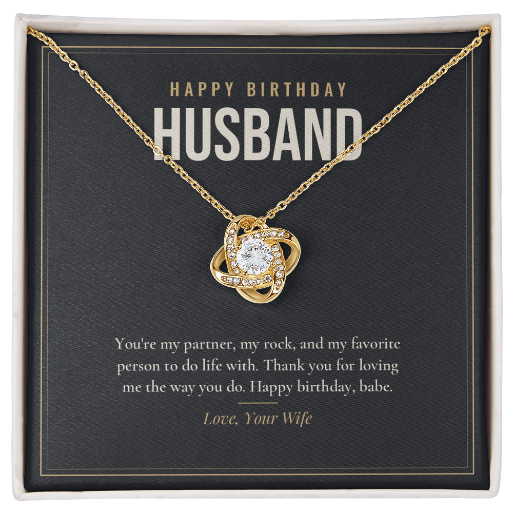 18K yellow gold finish Birthday Love Knot necklace for Husband on "Happy Birthday Husband" message card in standard gift box with lid