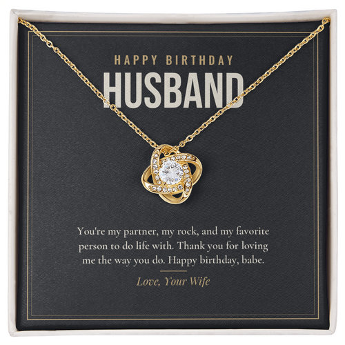 18K yellow gold finish Birthday Love Knot necklace for Husband on "Happy Birthday Husband" message card in standard gift box with lid