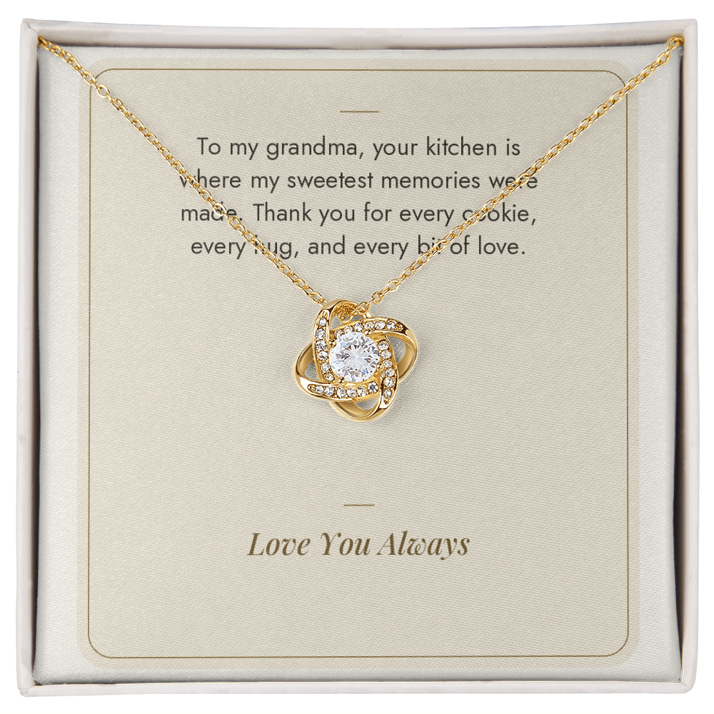 Love Knot necklace for Grandma in yellow gold finish on Sweetest Memories message card