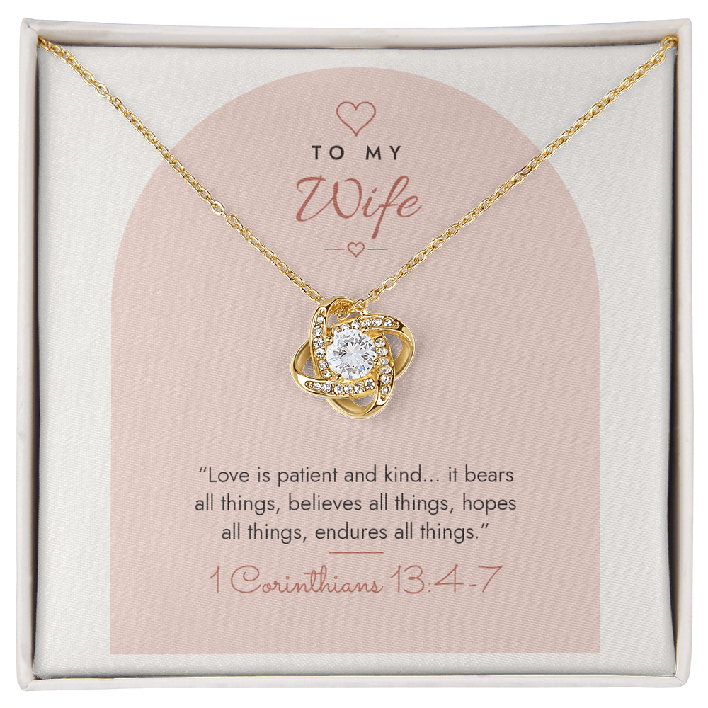 18K yellow gold finish Christian Love Knot necklace for Wife on "To My Wife" 1 Corinthians 13:4-7 modern message card in two-tone standard gift box