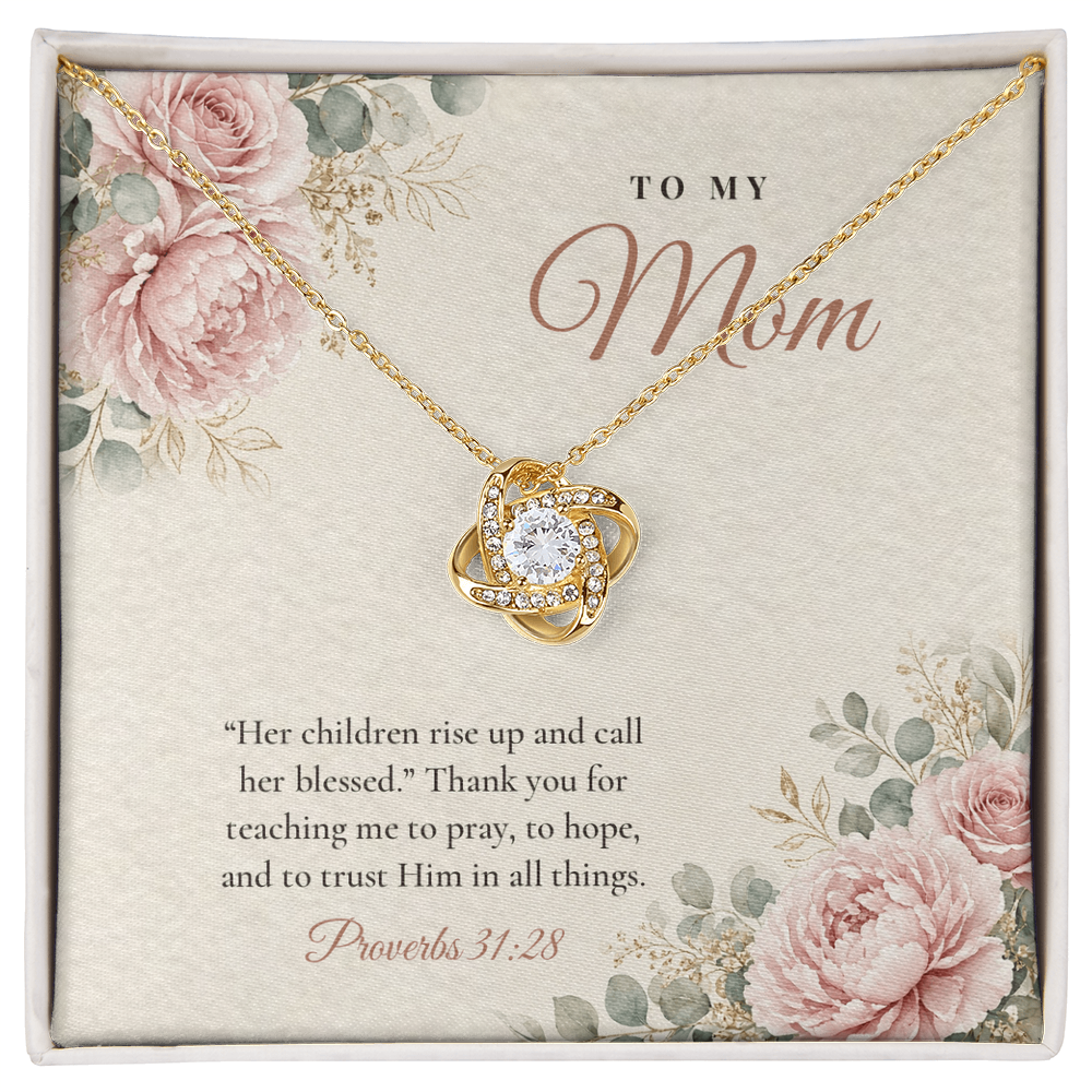 18K yellow gold finish Christian Love Knot necklace for Mom on "To My Mom" Proverbs 31:28 message card in two-tone gift box