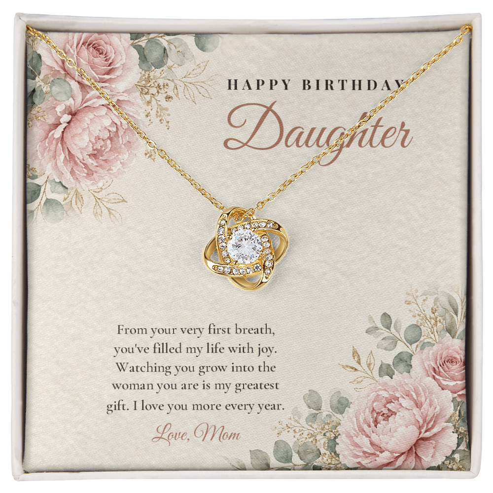 18K yellow gold finish Birthday Love Knot necklace for Daughter on "Happy Birthday Daughter" message card in standard gift box with lid