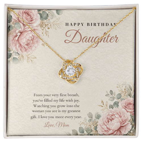 18K yellow gold finish Birthday Love Knot necklace for Daughter on "Happy Birthday Daughter" message card in standard gift box with lid