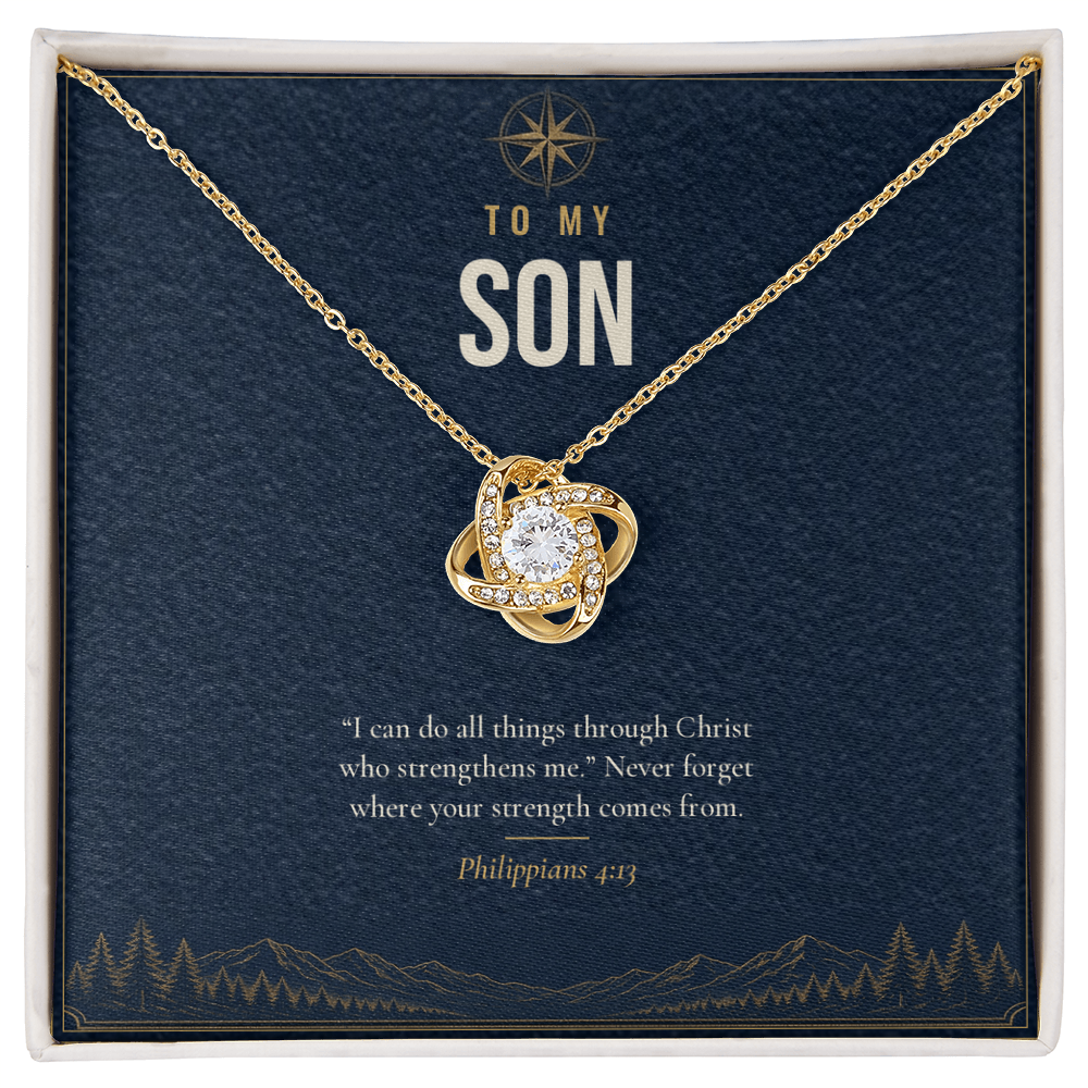18K yellow gold finish Christian Love Knot necklace for Son on "To My Son" message card (Philippians 4:13) in standard gift box with lid