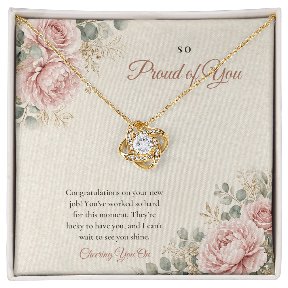 18K yellow gold finish New Job Love Knot necklace for Her on "So Proud of You" message card in standard gift box with lid