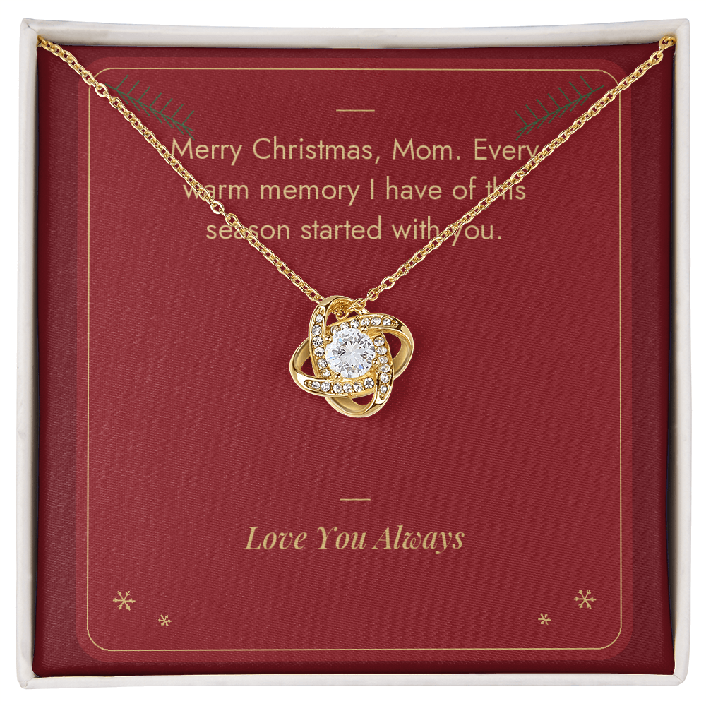Christmas Love Knot necklace for Mom in yellow gold finish on Merry Christmas Mom message card