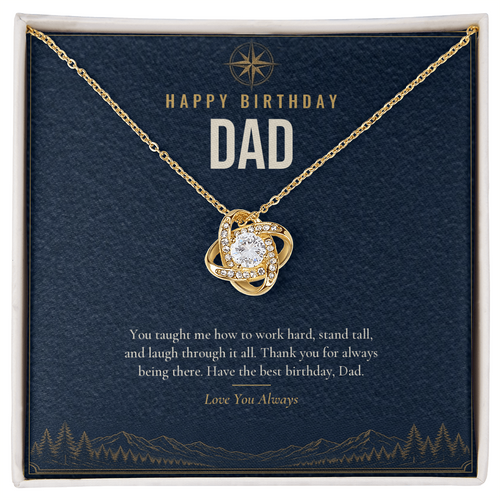 18K yellow gold finish Birthday Love Knot necklace for Dad on "Happy Birthday Dad" message card in standard gift box with lid