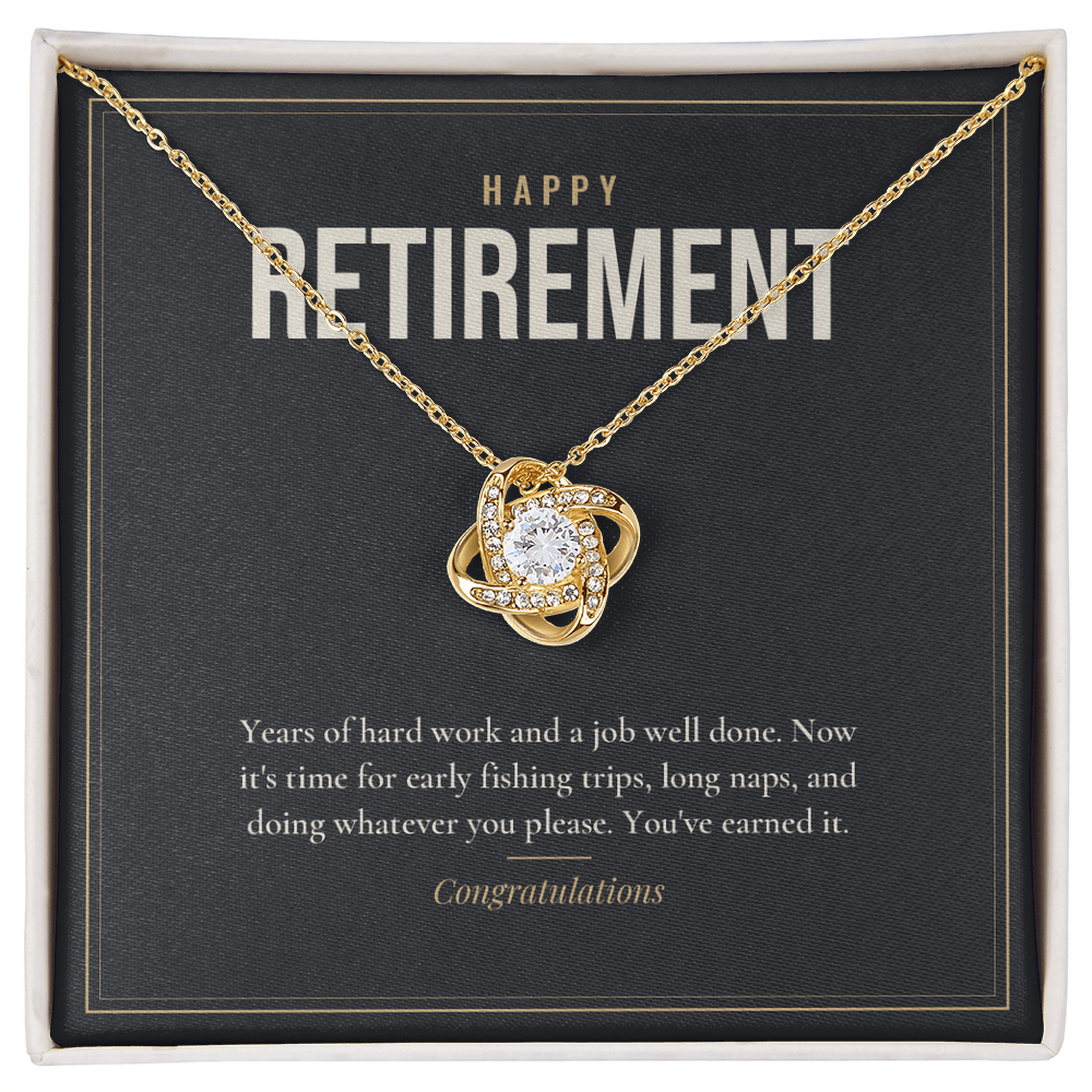 18K yellow gold finish Retirement Love Knot necklace for Him on "Happy Retirement" message card in standard gift box with lid