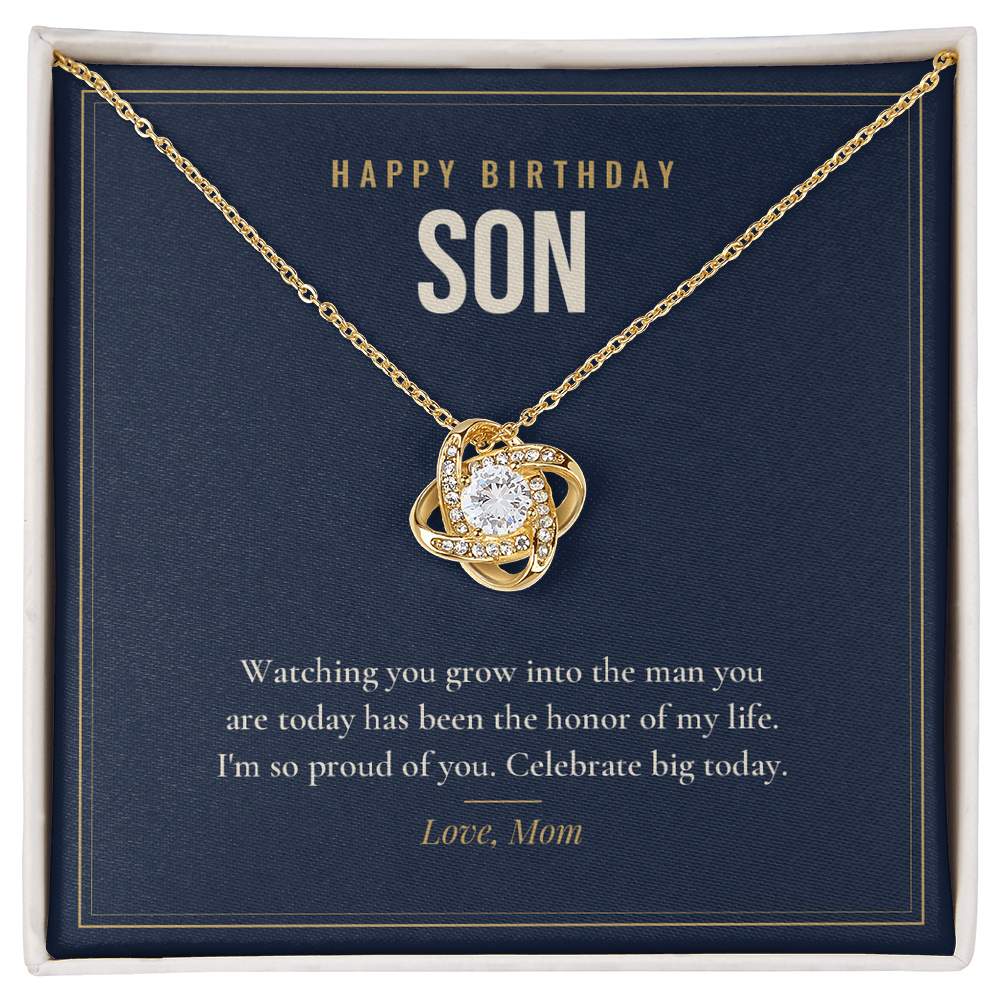 18K yellow gold finish Birthday Love Knot necklace for Son on "Happy Birthday Son" message card in standard gift box with lid
