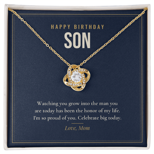 18K yellow gold finish Birthday Love Knot necklace for Son on "Happy Birthday Son" message card in standard gift box with lid