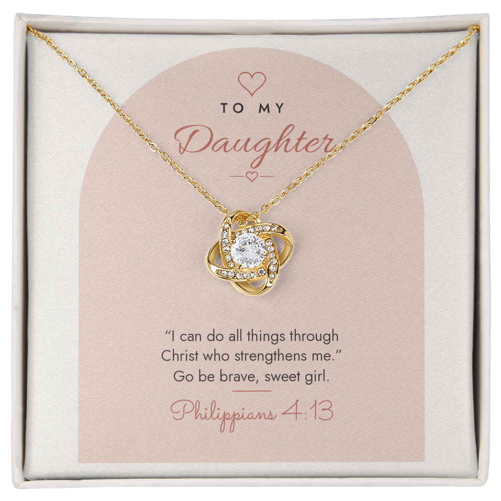 18K yellow gold finish Christian Love Knot necklace for Daughter on "To My Daughter" Philippians 4:13 modern message card in two-tone standard gift box