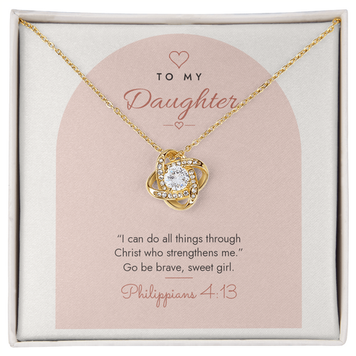 18K yellow gold finish Christian Love Knot necklace for Daughter on "To My Daughter" Philippians 4:13 modern message card in two-tone standard gift box