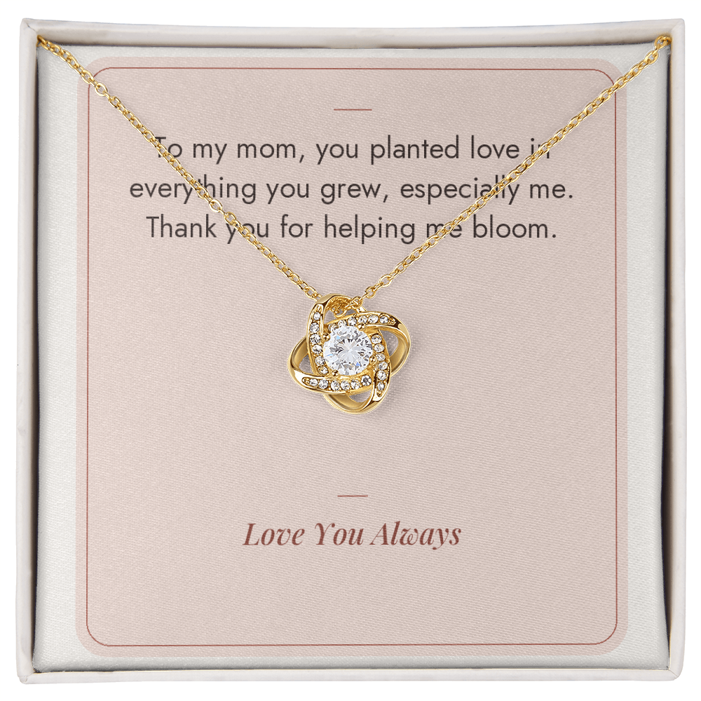 Love Knot necklace for Mom in yellow gold finish on Helping Me Bloom message card