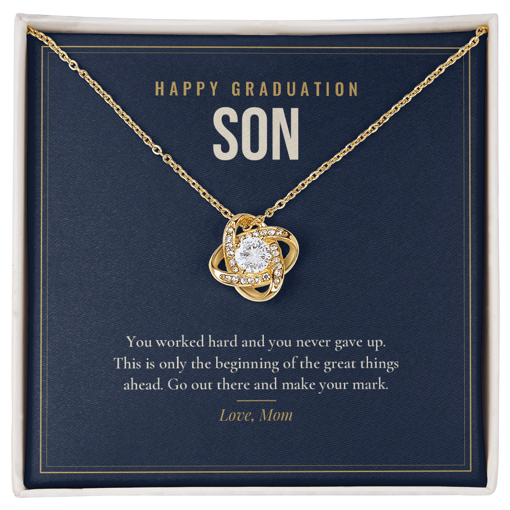 18K yellow gold finish Graduation Love Knot necklace for Son on "Happy Graduation Son" message card in standard gift box with lid