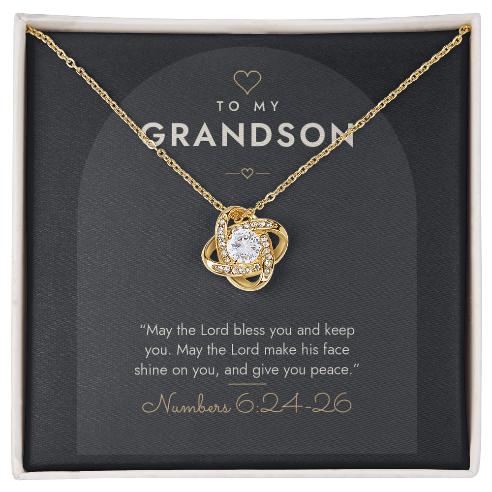 18K yellow gold finish Christian Love Knot necklace for Grandson on "To My Grandson" Numbers 6:24-26 modern message card in two-tone standard gift box