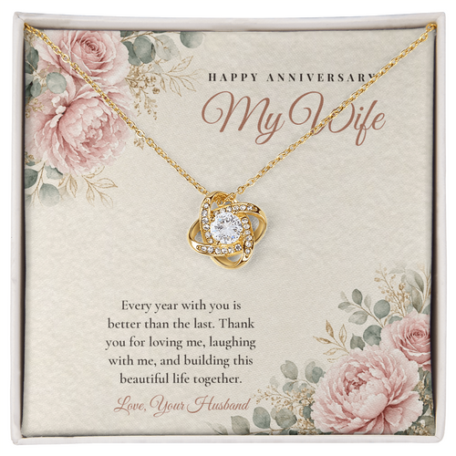 18K yellow gold finish Anniversary Love Knot necklace for Wife on "Happy Anniversary My Wife" message card in standard gift box with lid