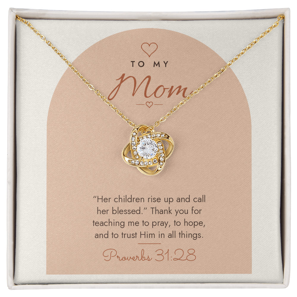 18K yellow gold finish Christian Love Knot necklace for Mom on "To My Mom" Proverbs 31:28 modern message card in two-tone standard gift box