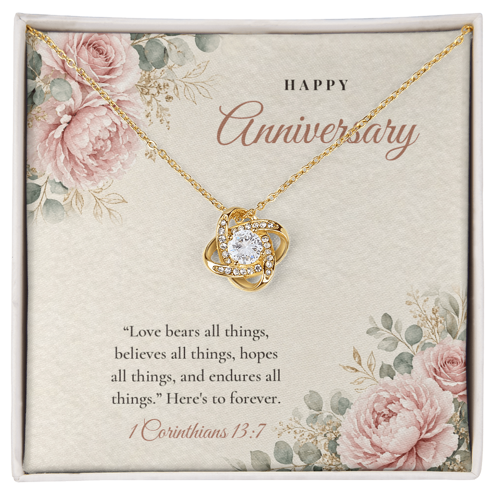 18K yellow gold finish Christian Love Knot necklace for Anniversary on "Happy Anniversary" message card (1 Corinthians 13:7) in standard gift box with lid