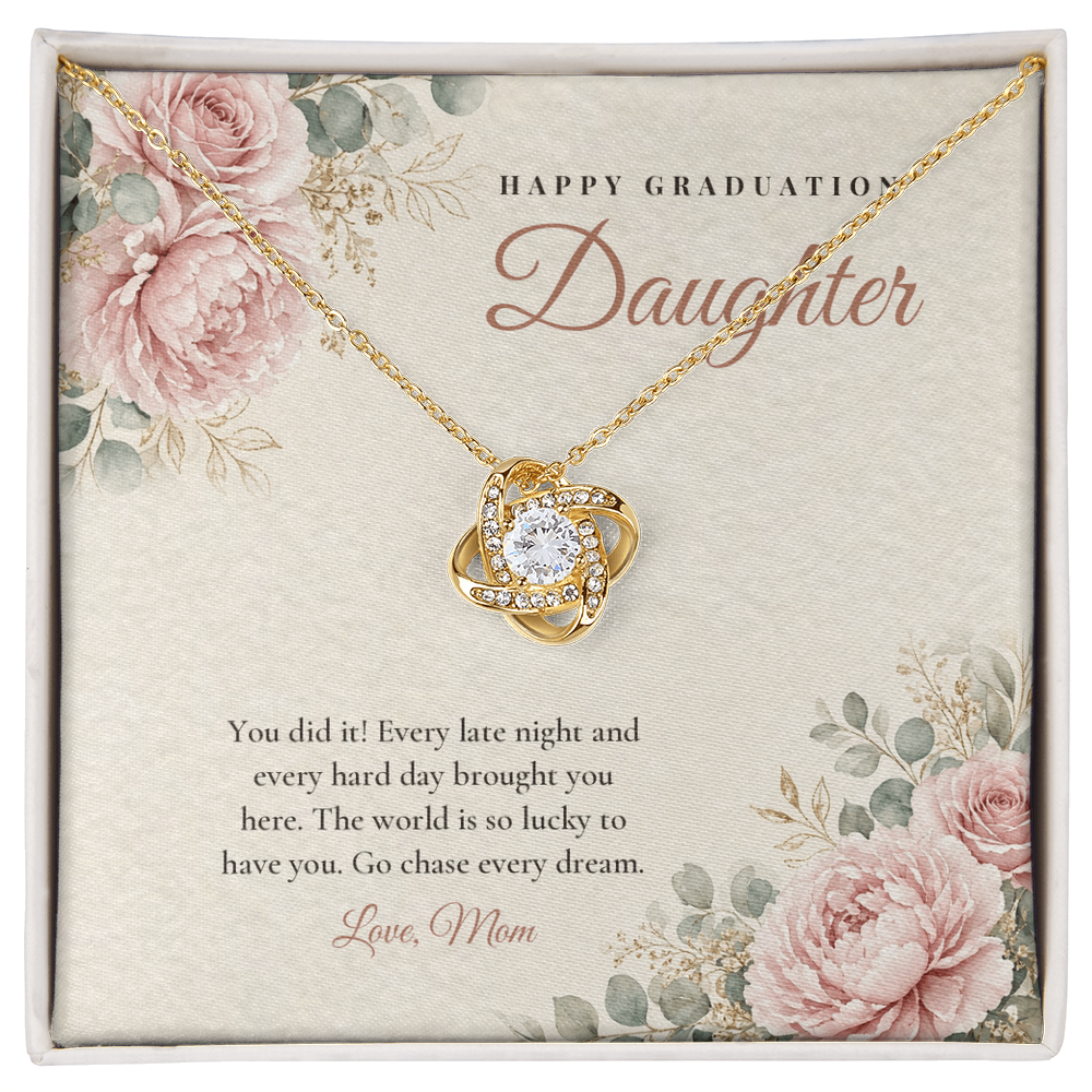 18K yellow gold finish Graduation Love Knot necklace for Daughter on "Happy Graduation Daughter" message card in standard gift box with lid