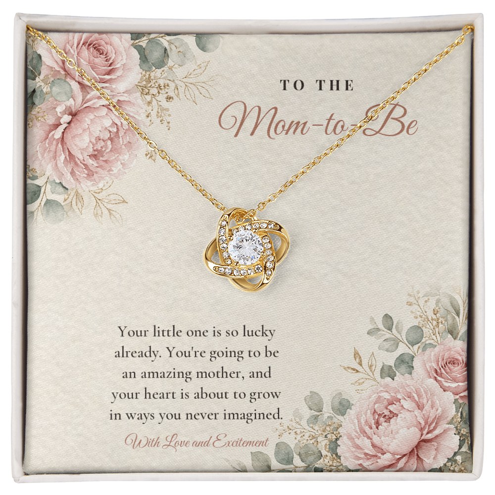 18K yellow gold finish Pregnancy Love Knot necklace for Mom-to-Be on "To The Mom-to-Be" message card in standard gift box with lid