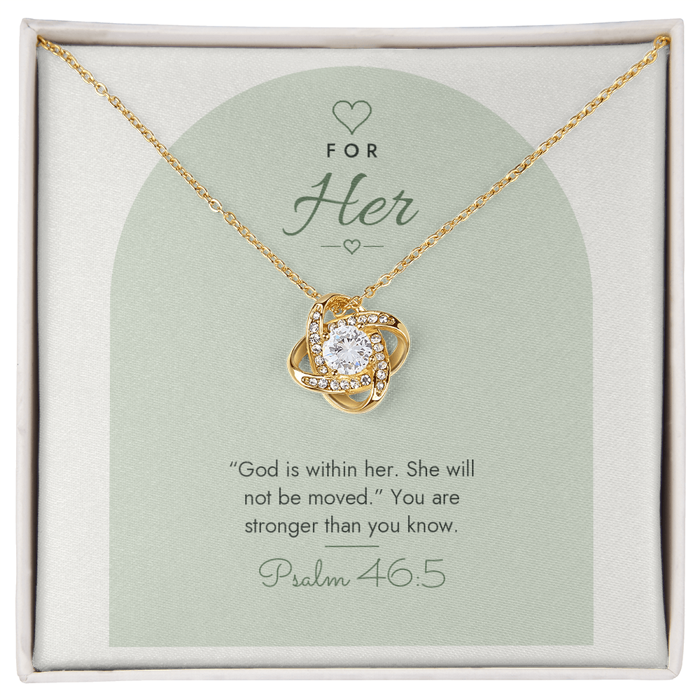 18K yellow gold finish Christian Love Knot necklace for Her on "For Her" Psalm 46:5 modern message card in two-tone standard gift box