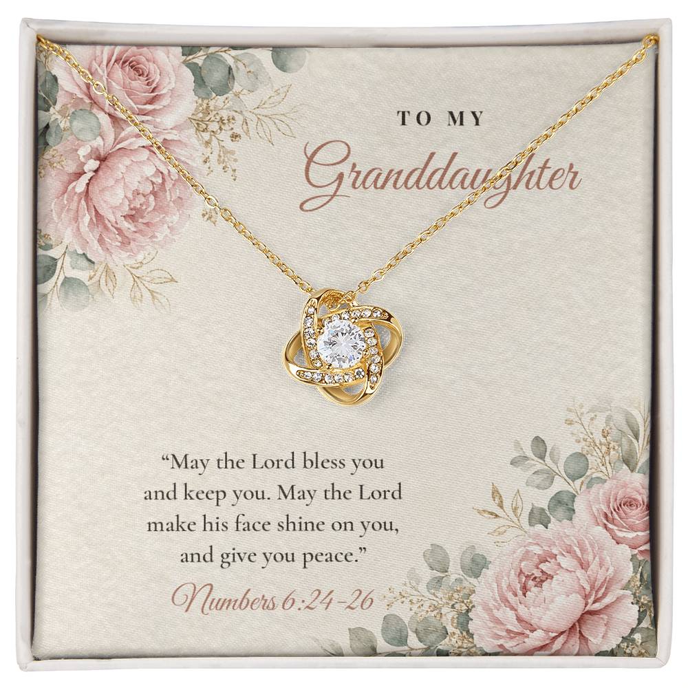 18K yellow gold finish Christian Love Knot necklace for Granddaughter on "To My Granddaughter" Numbers 6:24-26 message card in two-tone gift box
