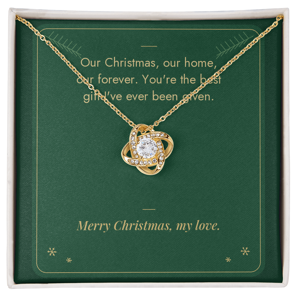 Christmas Love Knot necklace for wife in yellow gold finish on Our Forever message card