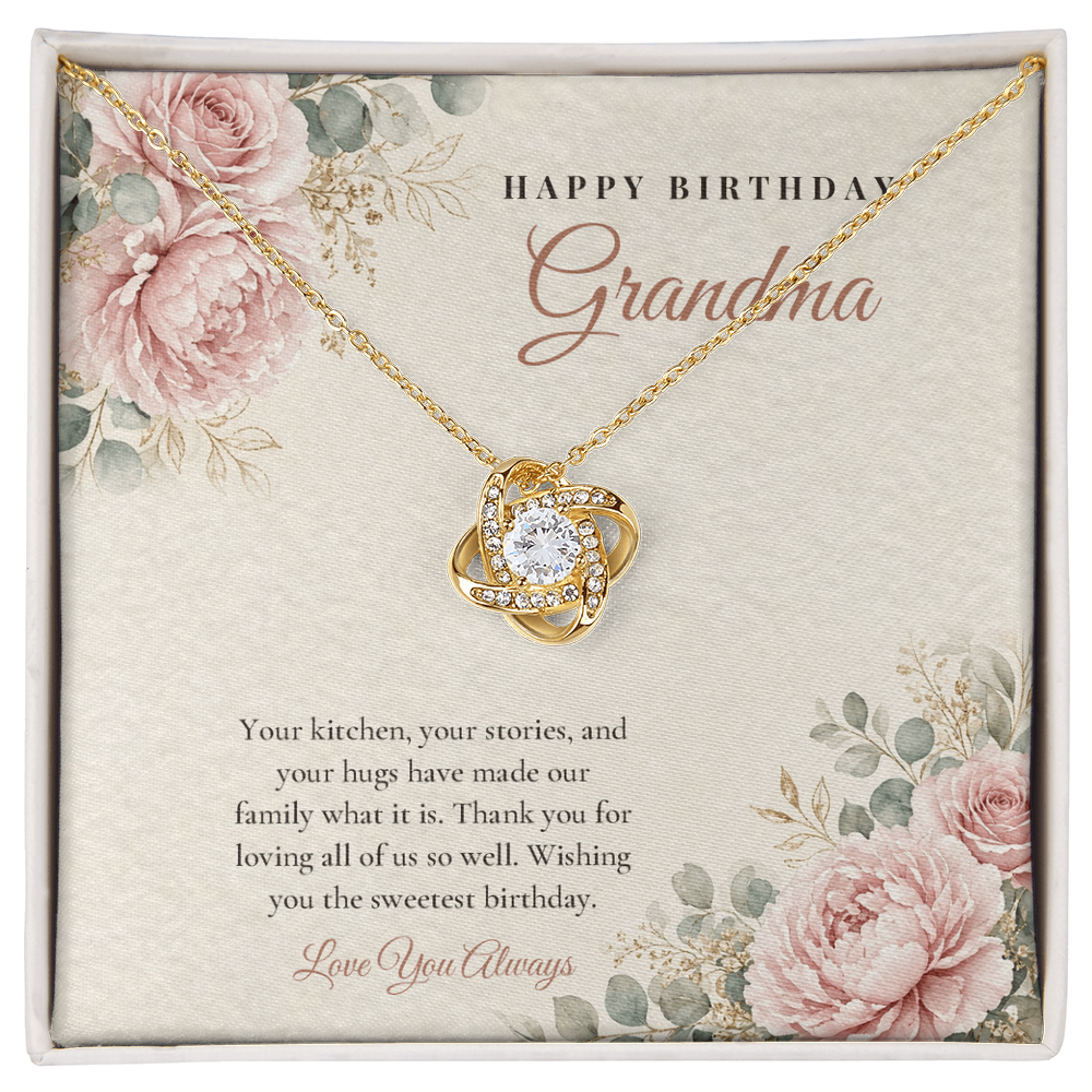18K yellow gold finish Birthday Love Knot necklace for Grandma on "Happy Birthday Grandma" message card in standard gift box with lid