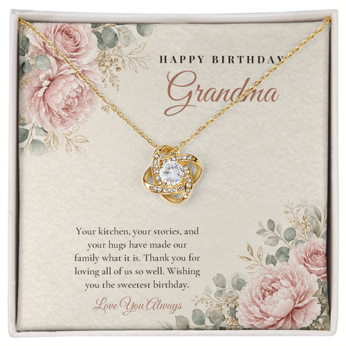 18K yellow gold finish Birthday Love Knot necklace for Grandma on "Happy Birthday Grandma" message card in standard gift box with lid