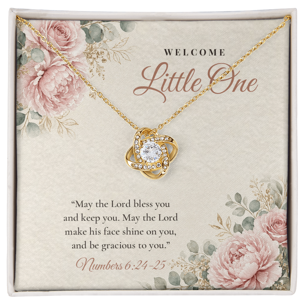 18K yellow gold finish Christian Love Knot necklace for Baby on "Welcome Little One" message card (Numbers 6:24-25) in standard gift box with lid