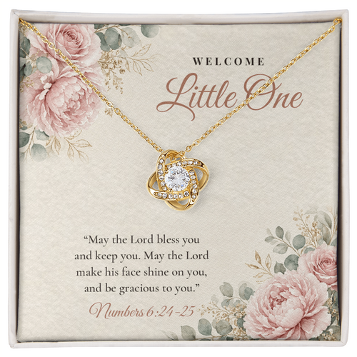 18K yellow gold finish Christian Love Knot necklace for Baby on "Welcome Little One" message card (Numbers 6:24-25) in standard gift box with lid