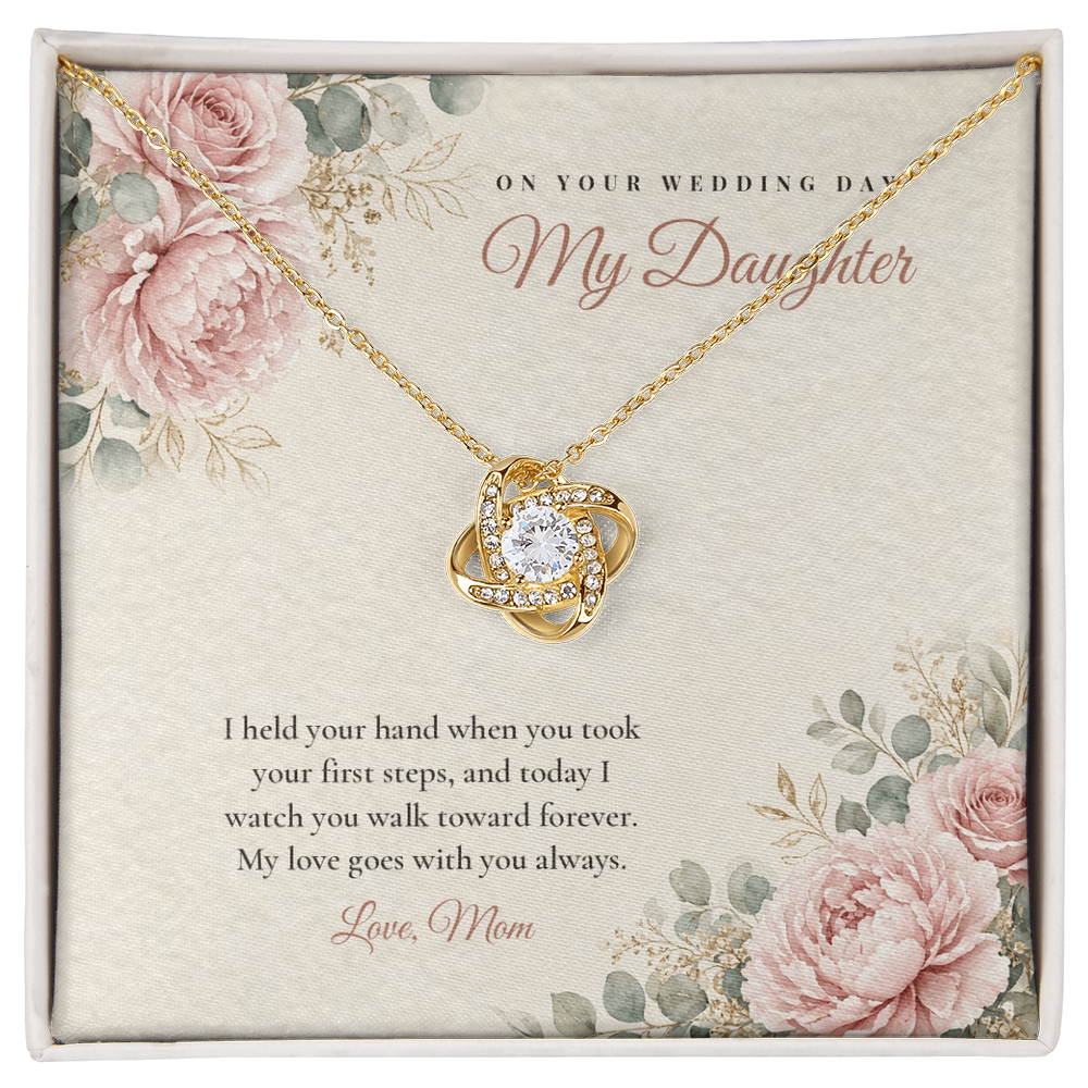 18K yellow gold finish Wedding Day Love Knot necklace for Daughter on "On Your Wedding Day My Daughter" message card in standard gift box with lid