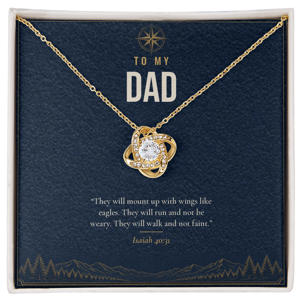 18K yellow gold finish Christian Love Knot necklace for Dad on "To My Dad" message card (Isaiah 40:31) in standard gift box with lid