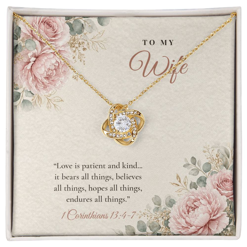 18K yellow gold finish Christian Love Knot necklace for Wife on "To My Wife" 1 Corinthians 13:4-7 message card in two-tone gift box