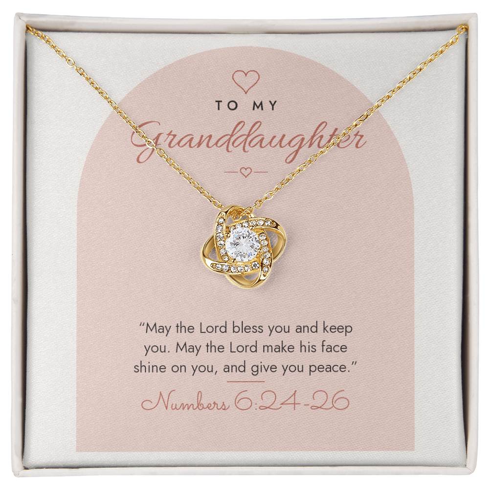 18K yellow gold finish Christian Love Knot necklace for Granddaughter on "To My Granddaughter" Numbers 6:24-26 modern message card in two-tone standard gift box