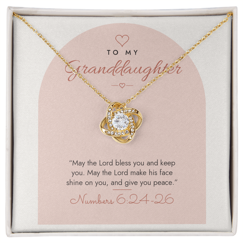 18K yellow gold finish Christian Love Knot necklace for Granddaughter on "To My Granddaughter" Numbers 6:24-26 modern message card in two-tone standard gift box