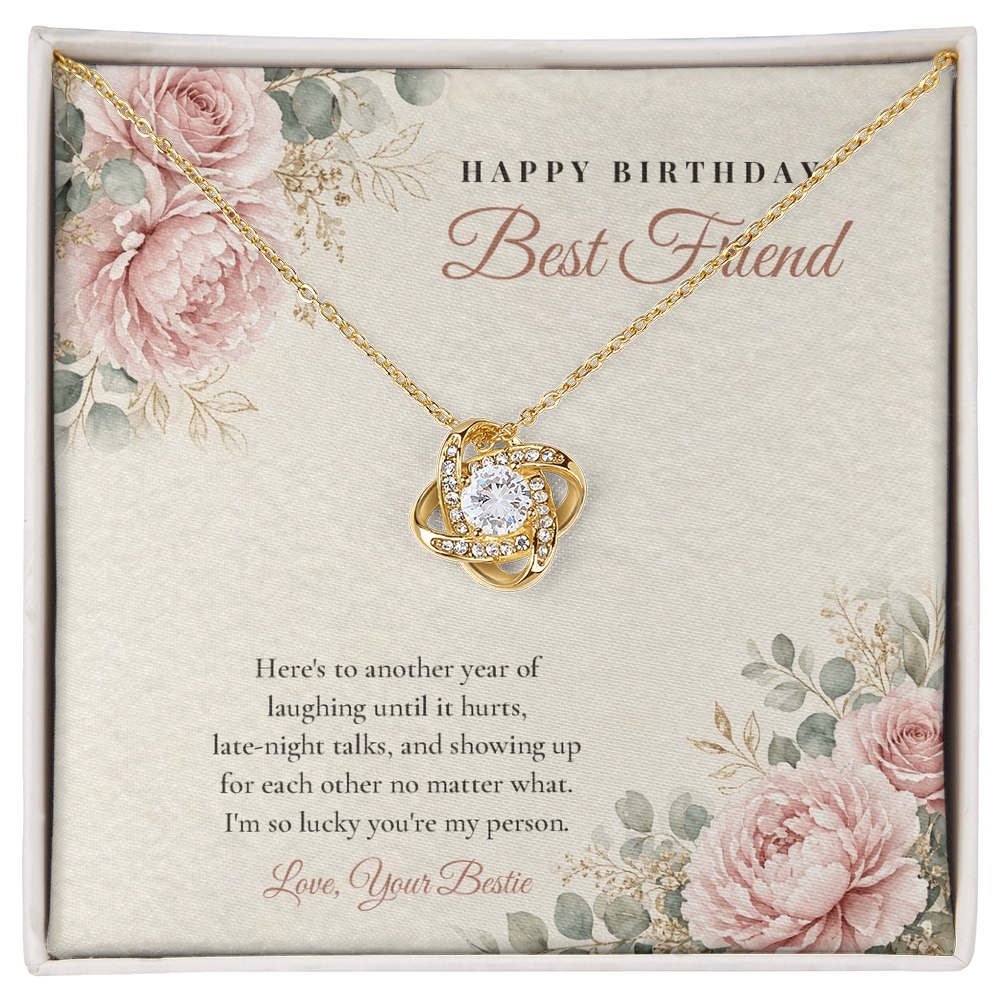 18K yellow gold finish Birthday Love Knot necklace for Best Friend on "Happy Birthday Best Friend" message card in standard gift box with lid