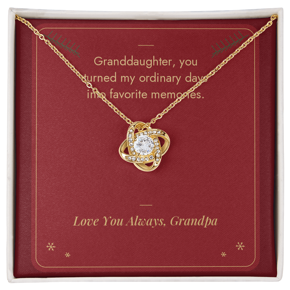Christmas Love Knot necklace for granddaughter from Grandpa in yellow gold finish on Favorite Memories message card