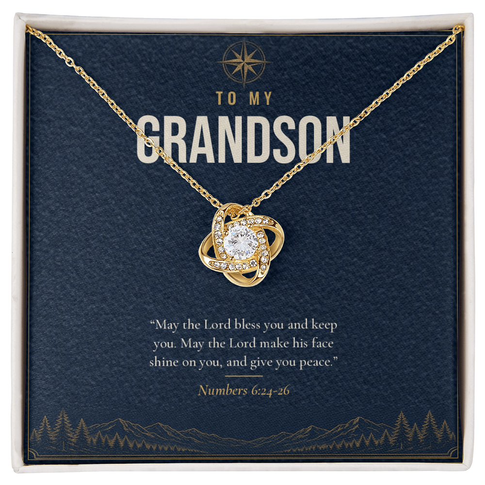 18K yellow gold finish Christian Love Knot necklace for Grandson on "To My Grandson" message card (Numbers 6:24-26) in standard gift box with lid