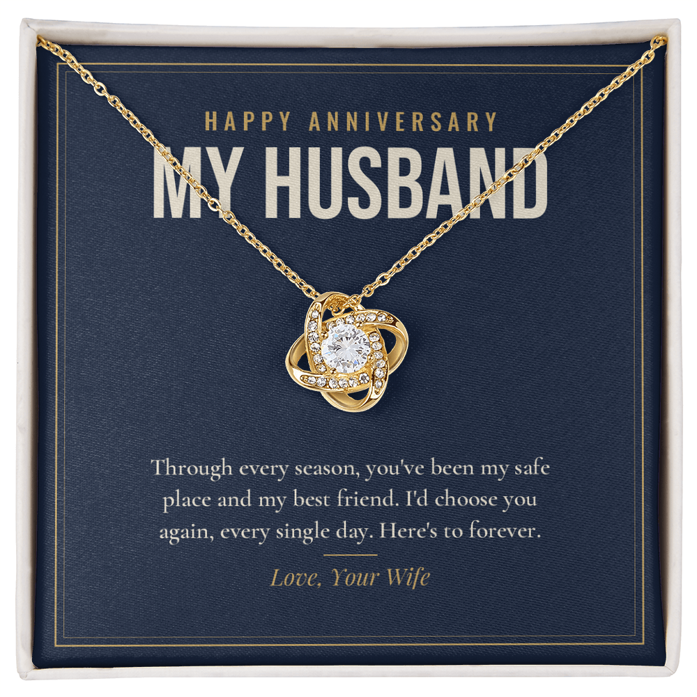 18K yellow gold finish Anniversary Love Knot necklace for Husband on "Happy Anniversary My Husband" message card in standard gift box with lid