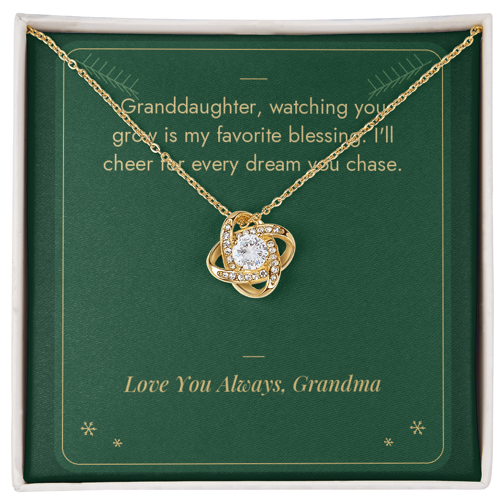 Christmas Love Knot necklace for granddaughter from Grandma in yellow gold finish on Favorite Blessing message card