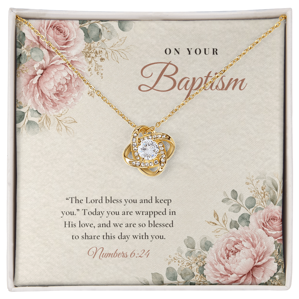 18K yellow gold finish Baptism Love Knot necklace for Her on "On Your Baptism" message card (Numbers 6:24) in standard gift box with lid
