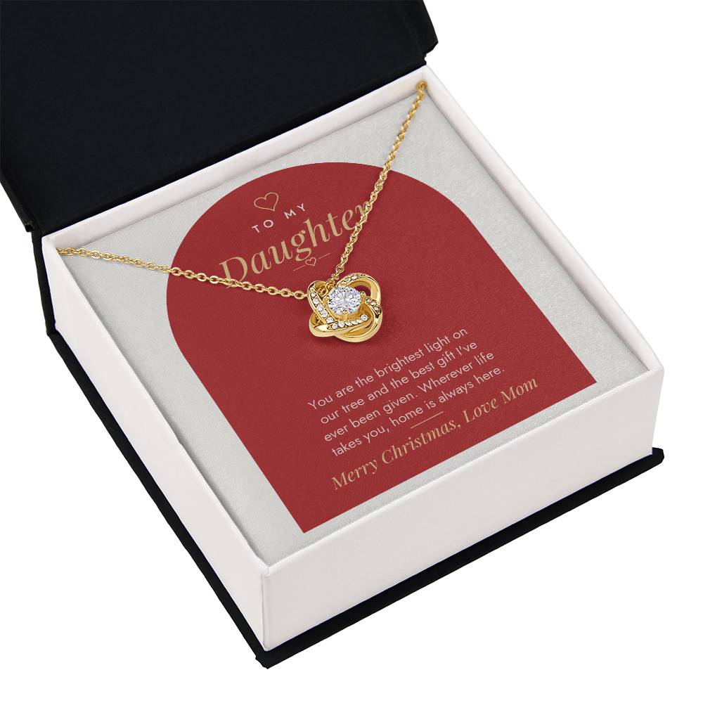 18K yellow gold finish Love Knot necklace for Daughter in gift box with lid, modern "The Brightest Light on Our Tree" message card