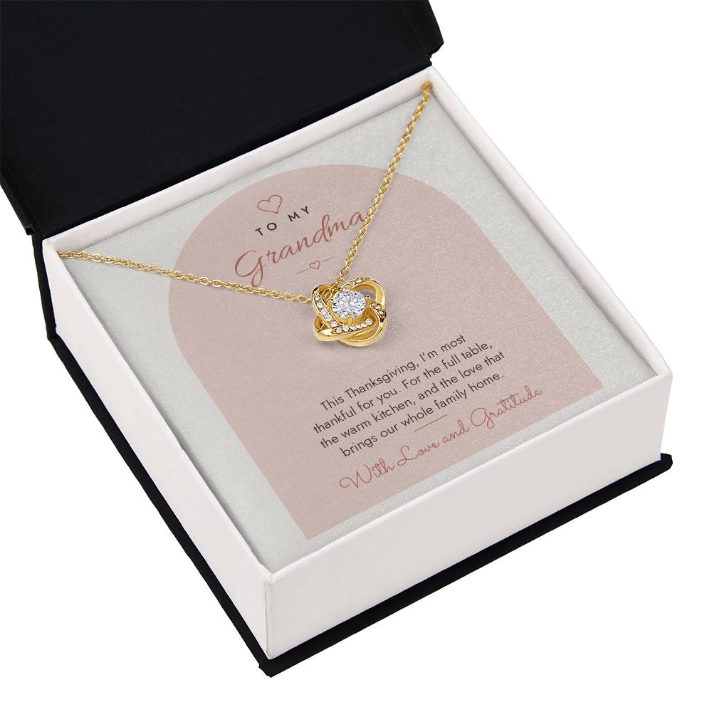 18K yellow gold finish Love Knot necklace for Grandma in gift box with lid, modern "Thankful for You" message card