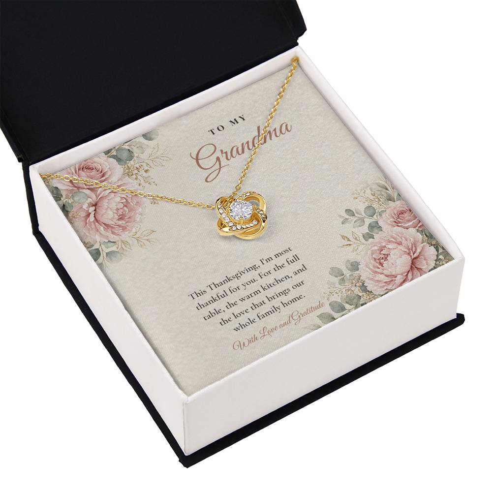 18K yellow gold finish Love Knot necklace for Grandma in gift box with lid, classic "Thankful for You" message card