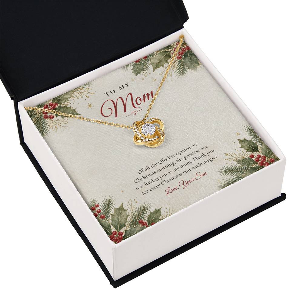 18K yellow gold finish Love Knot necklace for Mom from Son in gift box with lid, classic "The Greatest Gift" message card