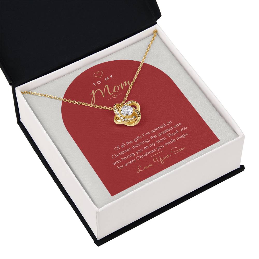 18K yellow gold finish Love Knot necklace for Mom from Son in gift box with lid, modern "The Greatest Gift" message card