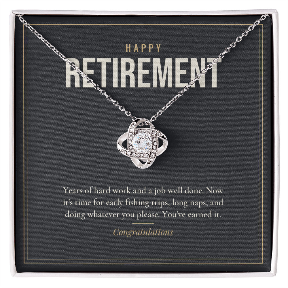 14K white gold finish Retirement Love Knot necklace for Him on "Happy Retirement" message card in standard gift box