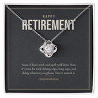 14K white gold finish Retirement Love Knot necklace for Him on "Happy Retirement" message card in standard gift box